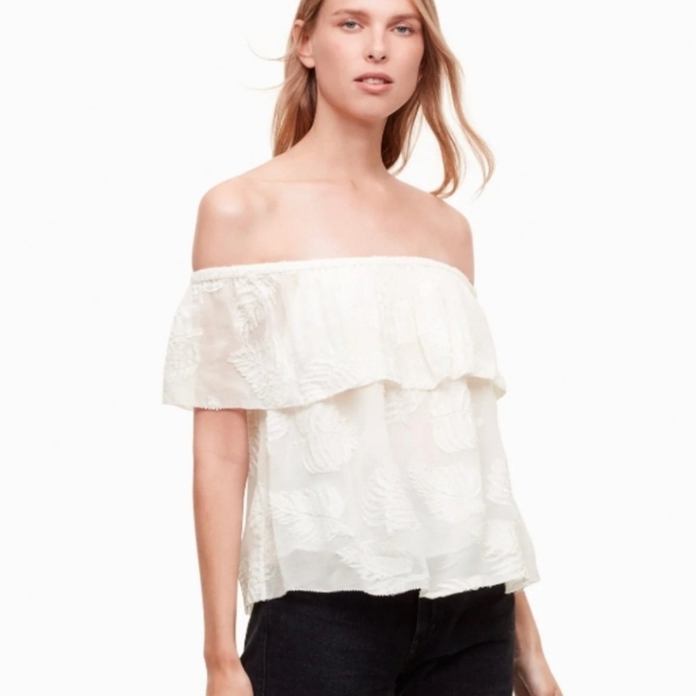 Aritzia Wilfred White Floral Leaf Promener Off Shoulder Boho Summer Blouse Sz M